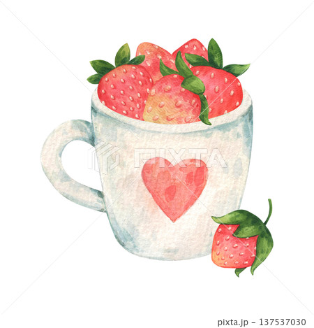 Cute white mug with heart filled with strawberries. Cup of berries in a children's cartoon style. Watercolor illustration hand drawn and isolated on a white background. Ideal for design kids product 137537030