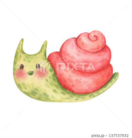 Fun green snail with a pink shell and a smile. Forest, garden character in a kids cartoon style. Hand-drawn watercolor illustration isolated on a white background. Ideal for children's product design Fun green snail with a pink shell and a smile. Forest, garden character in a kids cartoon style. Hand-drawn watercolor illustration isolated on a white background. Ideal for children's product design 137537032