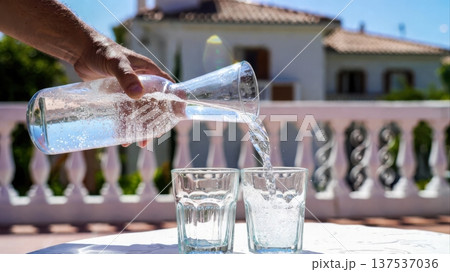 Pouring Sparkling Water Into Glasses on Terrace 137537036