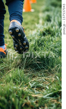 Soccer Cleat Stepping on Grass During Training Soccer Cleat Stepping on Grass During Training 137537043