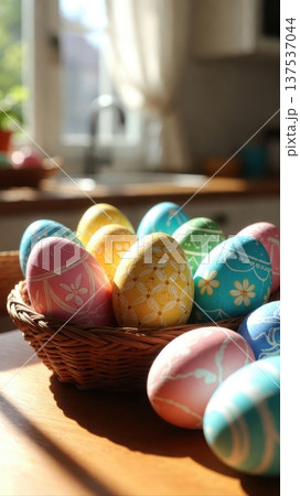 Basket of Pastel Easter Eggs on Sunlit Table Basket of Pastel Easter Eggs on Sunlit Table 137537044
