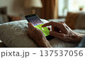 Hands Watching Soccer on Smartphone on Pillow 137537056