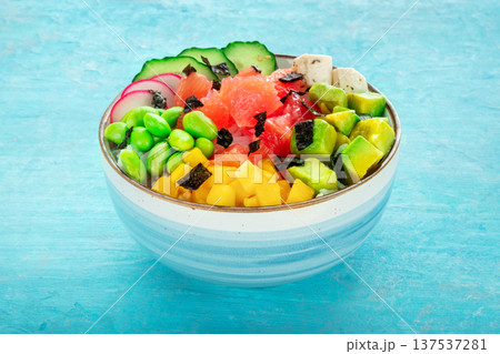 Vegan poke bowl with grapefruit, avocado, mango, edamame, radish Vegan poke bowl with grapefruit, avocado, mango, edamame, radish 137537281