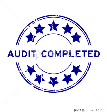 Grunge blue audit completed word round rubber seal stamp on white background 137537356