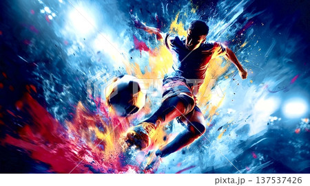 光を切り裂く一撃 ― 炎と衝撃のサッカーシュート 137537426
