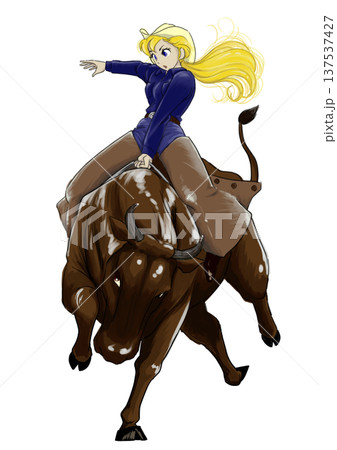 ロデオに挑戦するブロンドガールと振り落とそうとする猛牛 137537427