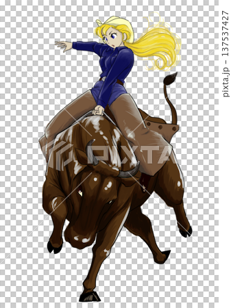 ロデオに挑戦するブロンドガールと振り落とそうとする猛牛 137537427