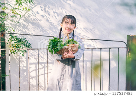 庭で野菜を持っている女の子 137537483