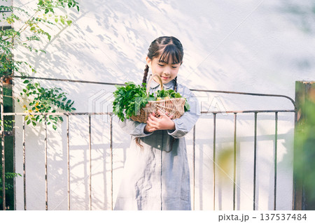 庭で野菜を持っている女の子 137537484