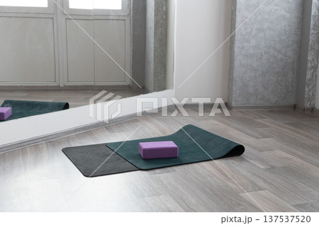 Minimalist home yoga space with mat and purple block in modern room Minimalist home yoga space with mat and purple block in modern room 137537520