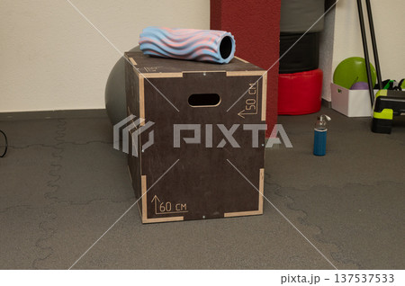 Exercise equipment: foam roller and plyo box in a fitness gym Exercise equipment: foam roller and plyo box in a fitness gym 137537533
