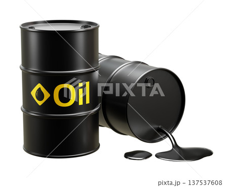 Black oil barrels with spilled crude oil isolated on white background 3D render 137537608