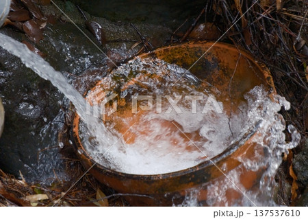 湧き水を受ける古い鉢 湧き水を受ける古い鉢 137537610