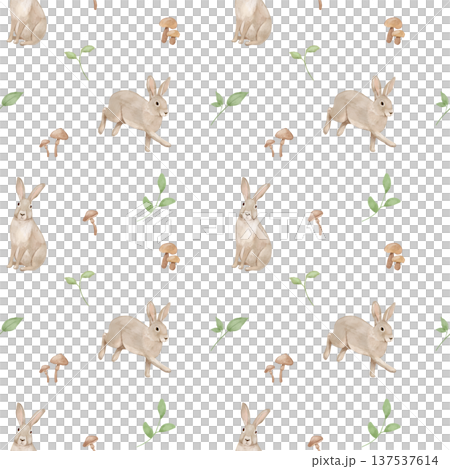 Seamless pattern with forest animals rabbit and leaves on white background, woodland watercolour illustrations Seamless pattern with forest animals rabbit and leaves on white background, woodland watercolour illustrations 137537614