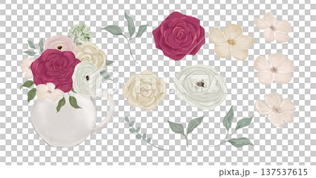Vintage watercolour porcelain jug with spring flowers bouquet, hand drawn isolated illustrations, bud and leaves 137537615