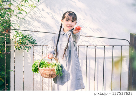 庭で野菜を持っている女の子 137537625