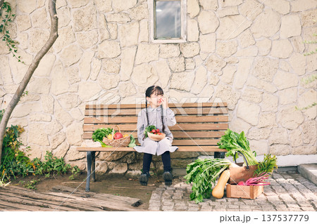 ベンチに座っている女の子と野菜 ベンチに座っている女の子と野菜 137537779