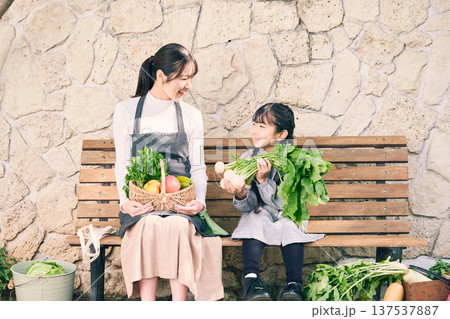 野菜を持ってベンチに座っている親子 野菜を持ってベンチに座っている親子 137537887