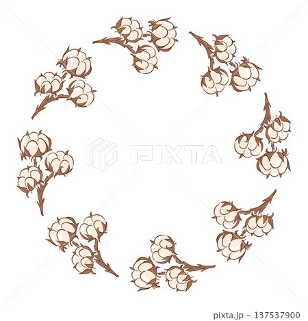 Wreath with hand drawn cotton branch arranged in circle. Flat style illustration background for textile design, organic packaging and rustic branding. 137537900