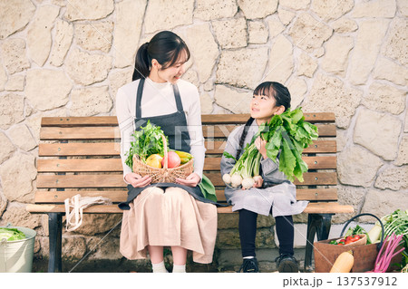 野菜を持ってベンチに座っている親子 野菜を持ってベンチに座っている親子 137537912