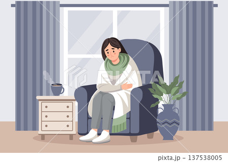 Sad woman in blanket sitting in armchair and drinking a hot drink. Concept of illness, sickness, cold, flu, fever. Illustration. Sad woman in blanket sitting in armchair and drinking a hot drink. Concept of illness, sickness, cold, flu, fever. Illustration. 137538005