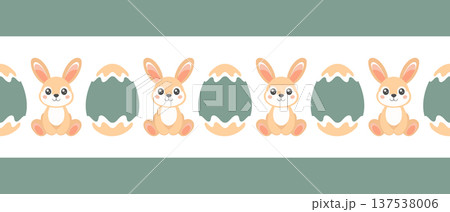 Cute bunnies and Easter eggs seamless pattern border. Illustration. 137538006