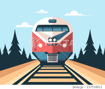 Modern red train on tracks in a forest. The train moves across the landscape. Illustration. Modern red train on tracks in a forest. The train moves across the landscape. Illustration. 137538011