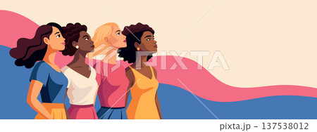 Horizontal banner with women of different skin colors, nationalities looking up. Feminist, freedom concept. Horizontal banner with women of different skin colors, nationalities looking up. Feminist, freedom concept. 137538012