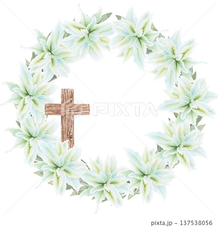 Watercolor wreath of white Easter lilies with wooden cross, hand painted Christian illustration isolated on black background, symbol of faith, resurrection and purity for church design, holiday cards Watercolor wreath of white Easter lilies with wooden cross, hand painted Christian illustration isolated on black background, symbol of faith, resurrection and purity for church design, holiday cards 137538056