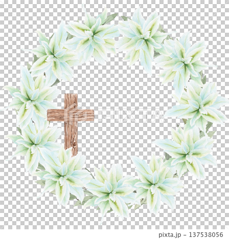 Watercolor wreath of white Easter lilies with wooden cross, hand painted Christian illustration isolated on black background, symbol of faith, resurrection and purity for church design, holiday cards Watercolor wreath of white Easter lilies with wooden cross, hand painted Christian illustration isolated on black background, symbol of faith, resurrection and purity for church design, holiday cards 137538056
