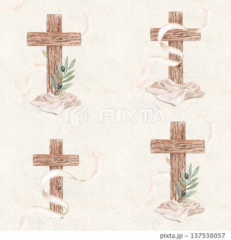 Wooden cross with bread, linen cloth, clay cup, linen cloth and flowing ribbon watercolor seamless pattern on beige. Religious compositions, suitable for Lent designs, communion, eucharist, packaging 137538057