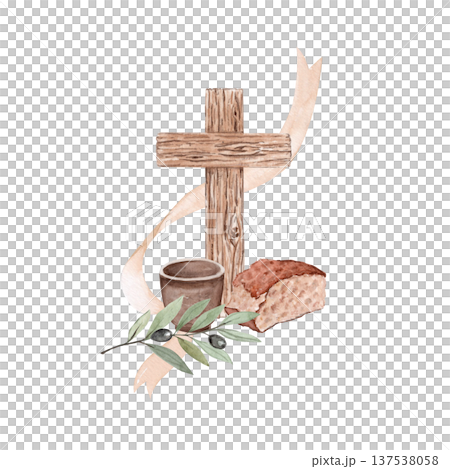 Wooden cross with bread, clay cup, olive branch with flowing ribbon watercolor illustration on white. Religious composition, great for Lent design, cards, communion invitation, spiritual publications 137538058