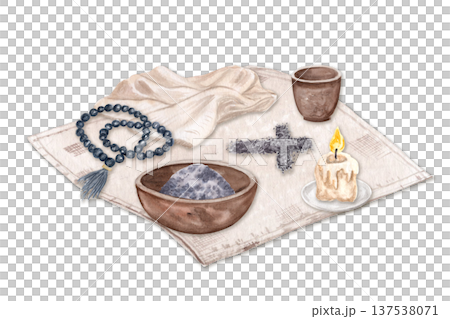 Ash cross, rosary beads, folded burial cloth, candle, clay cup and bowl with ashes watercolor isolated on white. Perfect for Ash Wednesday, Holy Week, church media, sermons, posters, faith-based Ash cross, rosary beads, folded burial cloth, candle, clay cup and bowl with ashes watercolor isolated on white. Perfect for Ash Wednesday, Holy Week, church media, sermons, posters, faith-based 137538071