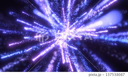 A dazzling burst of bright blue light particles extending outward in all directions, evoking a sense of energy, motion, and the vastness of space in an abstract digital form, video in high quality 4k, 137538087