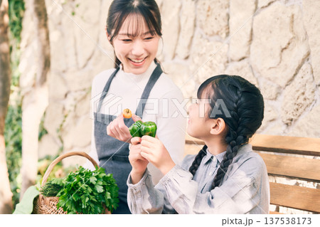 野菜を持ってベンチに座っている親子 野菜を持ってベンチに座っている親子 137538173