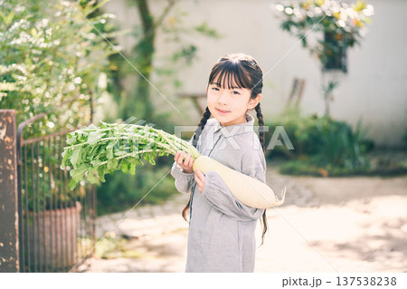 庭で大根を持っている女の子 137538238