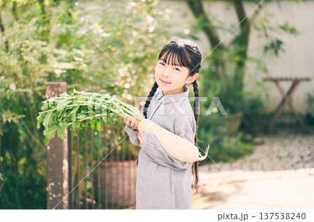庭で大根を持っている女の子 庭で大根を持っている女の子 137538240