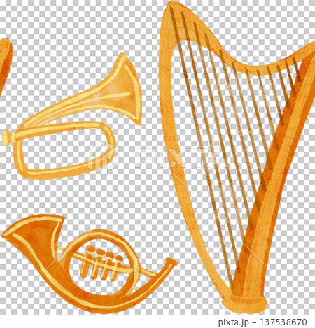 Golden harps and brass horns arranged in a rhythmic musical layout.Watercolor seamless pattern. Hand-painted clip art on white, ideal for festive textiles, wrapping paper, cards, creative projects Golden harps and brass horns arranged in a rhythmic musical layout.Watercolor seamless pattern. Hand-painted clip art on white, ideal for festive textiles, wrapping paper, cards, creative projects 137538670