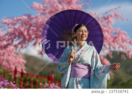 woman in yukata (kimono dress) holding umbrella with sakura flower or cherry blossom blooming in garden 137538741