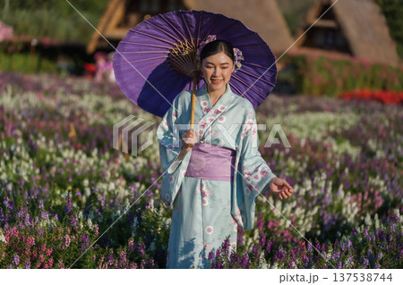 woman in yukata (kimono dress) holding umbrella with angelonia flower blooming in garden 137538744