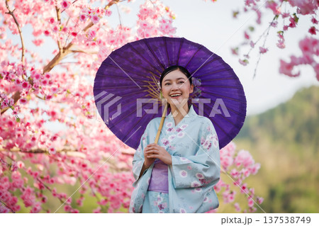 woman in yukata (kimono dress) holding umbrella with sakura flower or cherry blossom blooming in garden woman in yukata (kimono dress) holding umbrella with sakura flower or cherry blossom blooming in garden 137538749