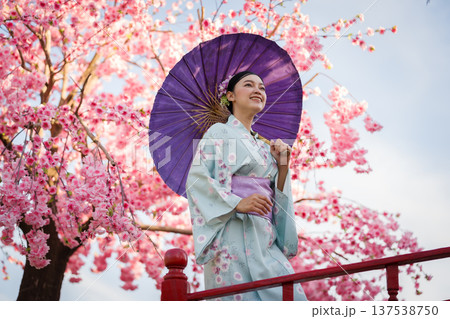 woman in yukata (kimono dress) holding umbrella with sakura flower or cherry blossom blooming in garden 137538750