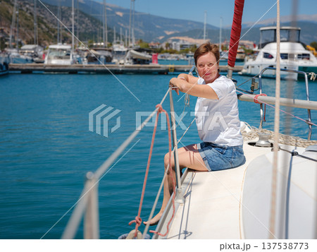 Adult Woman Enjoying Sunny Day On Yacht Finike Marina Turkey Adult Woman Enjoying Sunny Day On Yacht Finike Marina Turkey 137538773