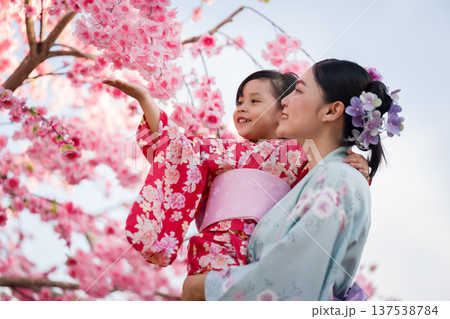 woman and child girl in yukata (kimono dress) with sakura flower or cherry blossom blooming in garden woman and child girl in yukata (kimono dress) with sakura flower or cherry blossom blooming in garden 137538784