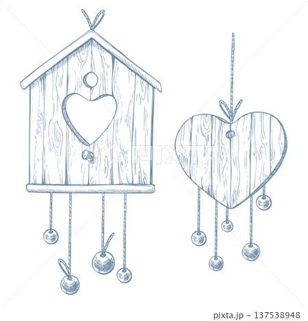 A wooden birdhouse and heart with beads hanging on strings. A hand-drawn ink graphic illustration in a line art style. A set of decorative elements for romantic holidays and weddings. 137538948