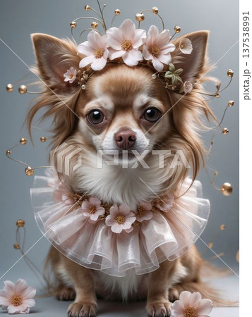 花冠をつけたかわいいチワワのポートレート　ピンクの花と優しい光のペットアート 137538991
