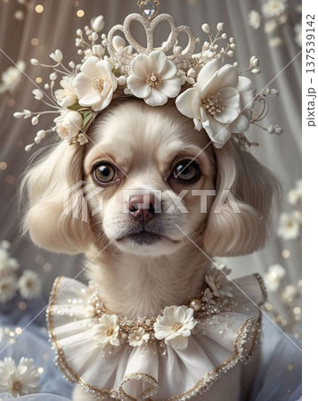 花冠とティアラをつけたかわいい犬のポートレート　白い花の幻想ペットアート 137539142