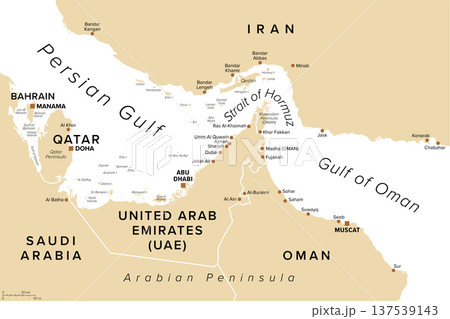 Strait of Hormuz, sand-colored political map. Waterway between the Persian Gulf and the Gulf of Oman. Strategically important choke point with Iran to the north and UAE and Oman to the south. Vector Strait of Hormuz, sand-colored political map. Waterway between the Persian Gulf and the Gulf of Oman. Strategically important choke point with Iran to the north and UAE and Oman to the south. Vector 137539143