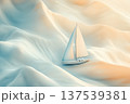 Minimal sailboat journey through abstract pastel waves, surreal travel and focus concept background 137539381