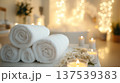 Luxury spa interior with towels candles and steam, wellness relaxation and self care concept 137539383